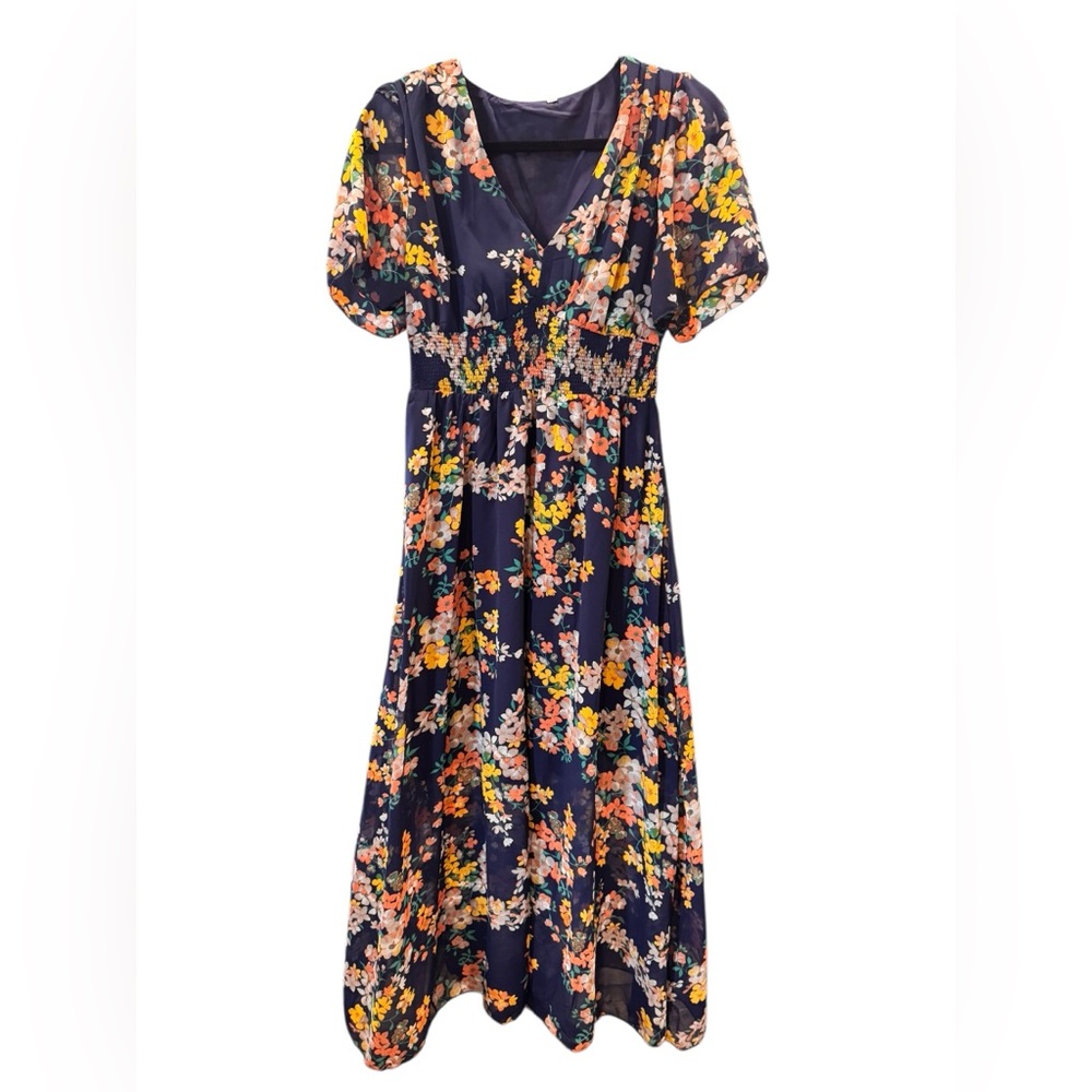 Navy Floral V-Neck Smocked Waist Maxi Dress, size medium